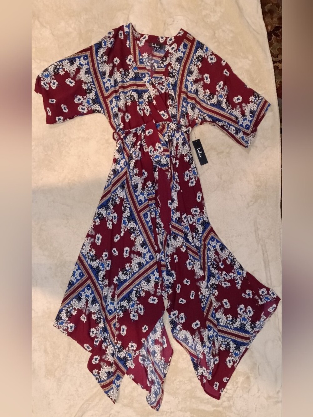 Lulu's NWT Boho Floral Handkerchief Hem Maxi Dress - Burgundy Blue